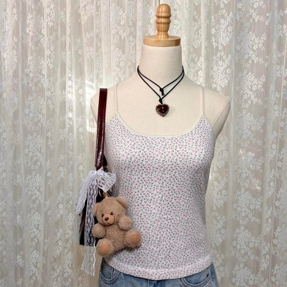 Vintage Y2K Energie White Floral Cami‎ Tank Top Sz Large Summer Preppy Coquette